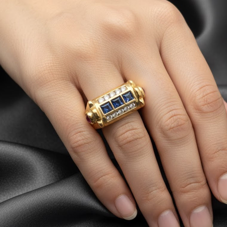 Art Deco Ring - Sapphires, Diamonds and Two Rubies