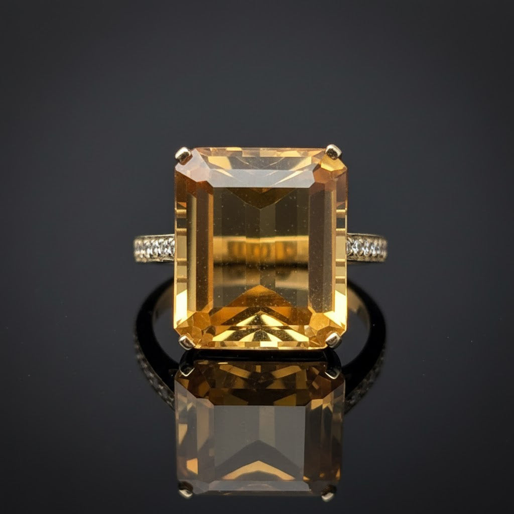 Gold and Diamond Ring - Citrine Quartz
